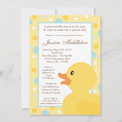 5x7 Polka Dot Rubber Ducky Baby Shower Invitation