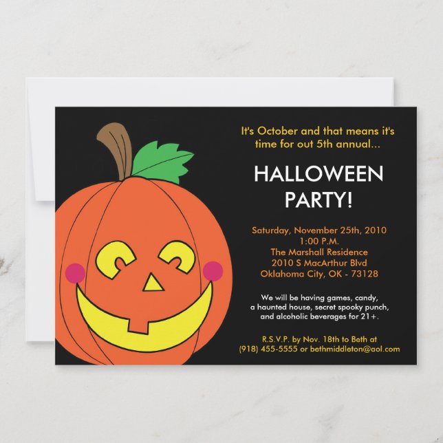 5x7 Pumpkin Jack O Lantern Halloween Invitation (Front)