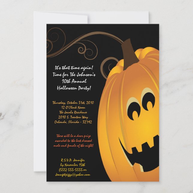 5x7 Pumpkin JackOLanter Halloween Party Invitation (Front)