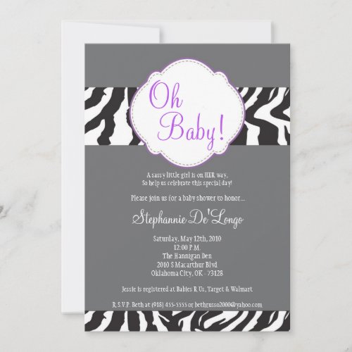 5x7 Purpl Gray Zebra Stripe Baby Shower Invitation