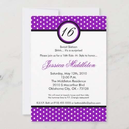 5x7 Purpl White Polka Dot 16th Birthday Invitation