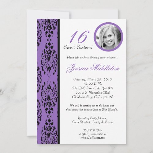 5x7 Purple Damask 16 Birthday Party Invitation