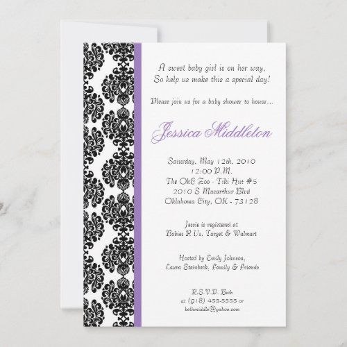 5x7 Purple Damask Lace Baby Shower Invitation