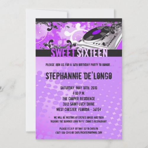 5x7 Purple DJ Turntable16th Birthday Invitation