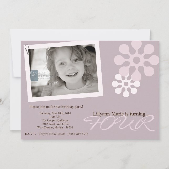 5x7 Purple Flower Photo Birthday Party Invitation (Front)