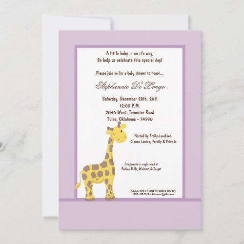5x7 Purple Giraffe Baby Shower Invitation