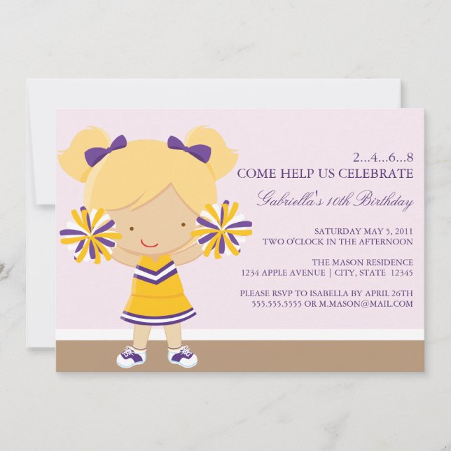 5x7 Purple/Gold Cheerleader Birthday Party Invite (Front)