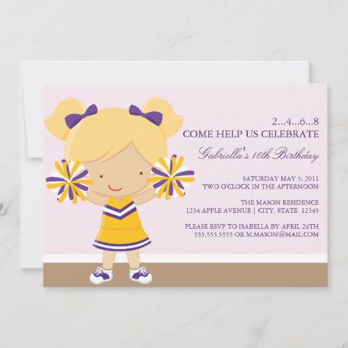 5x7 Purple/Gold Cheerleader Birthday Party Invite