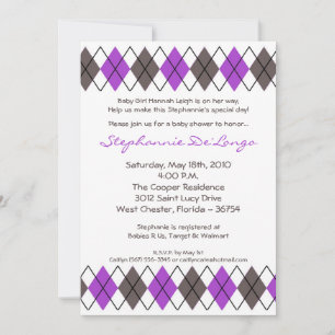 5x7 Purple Gray Argyle Punk Baby Shower Invitation