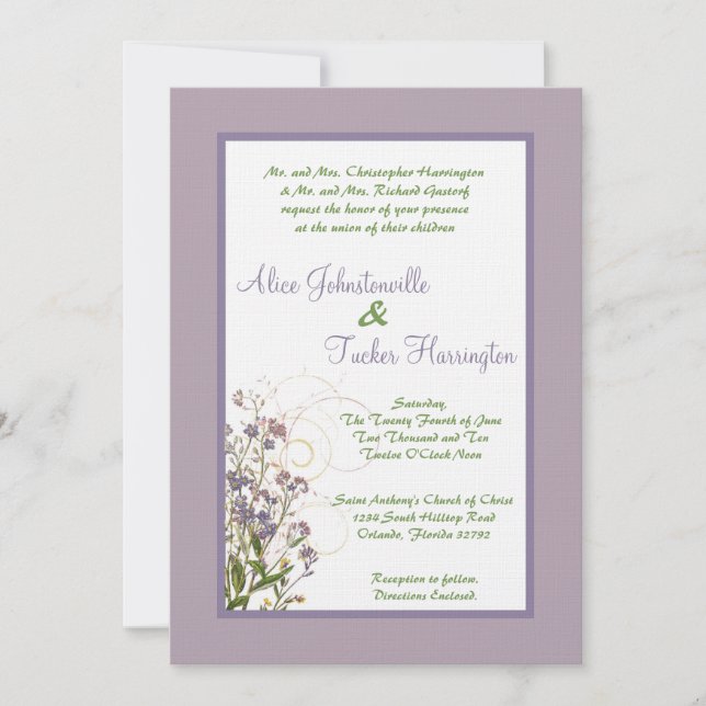 5x7 Purple Iris Flower Linen Wedding Invitation (Front)