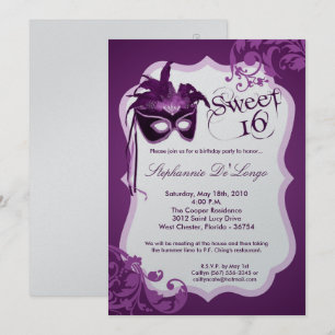 5x7 Purple Masquerade Mask 16 Birthday Invitation