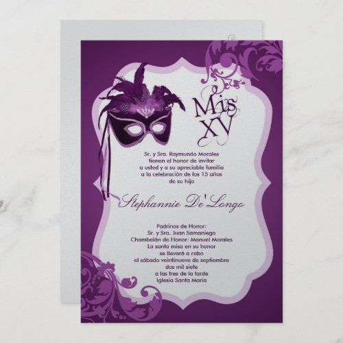 5x7 Purple Masquerade Mask Quinceanera Invitation