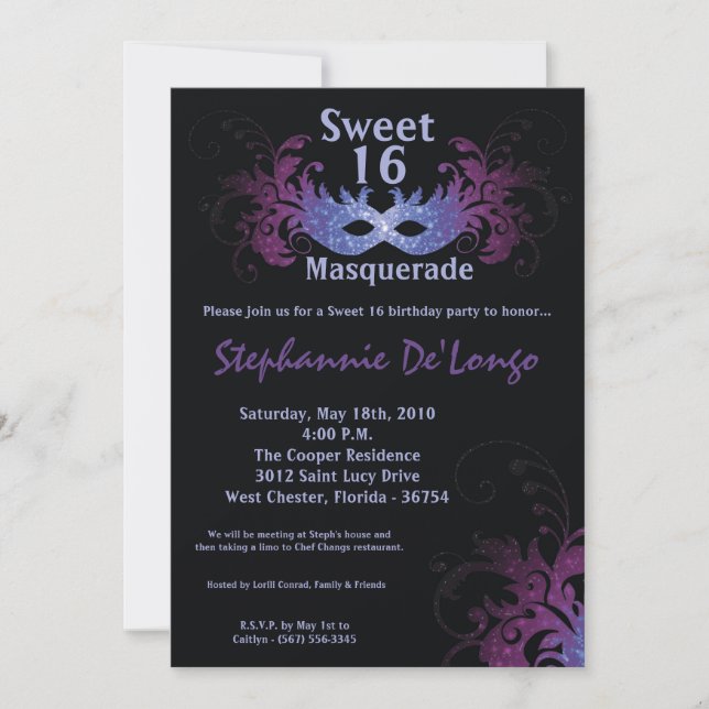 5x7 Purple Masquerade Sweet 16 Birthday Invitation (Front)