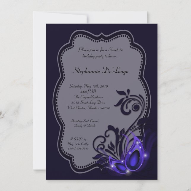 5x7 Purple Masquerade Sweet 16 Birthday Invitation (Front)