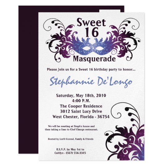 5x7 Purple Masquerade Sweet 16 Birthday Invitation