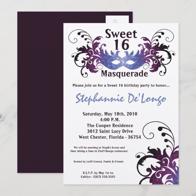 5x7 Purple Masquerade Sweet 16 Birthday Invitation (Front/Back)