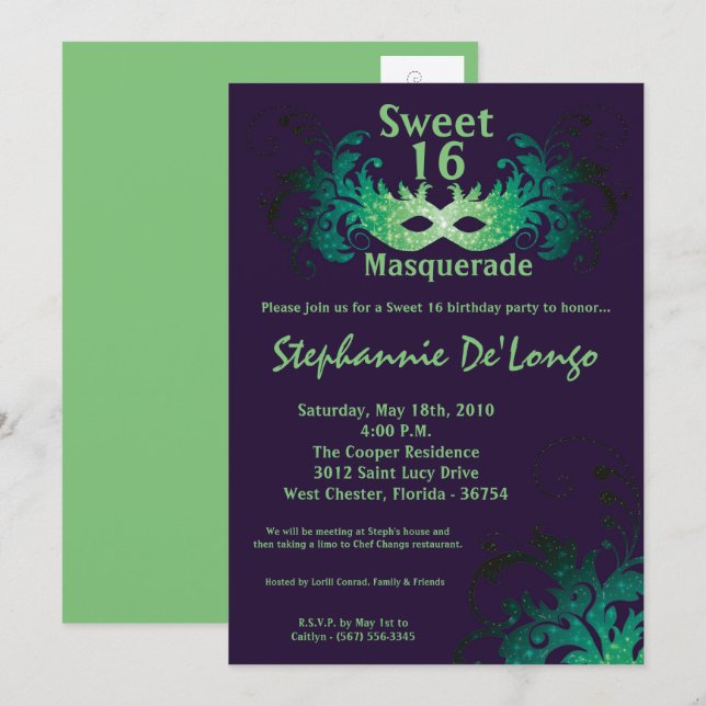 5x7 Purple Masquerade Sweet 16 Birthday Invitation (Front/Back)