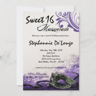 5x7 Purple Masquerade Sweet 16 Birthday Invitation