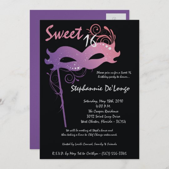 5x7 Purple Masquerade Sweet 16 Birthday Invitation