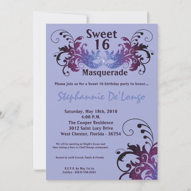 5x7 Purple Masquerade Sweet 16 Birthday Invitation (Front)