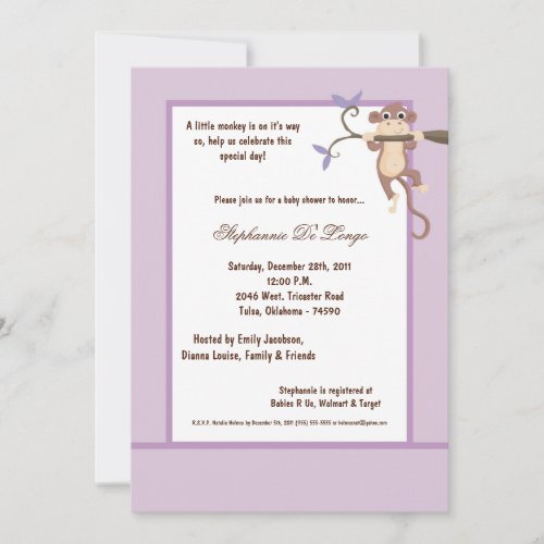 5x7 Purple Monkey Baby Shower Invitation