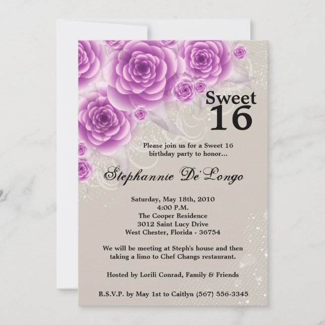 5x7 Purple Roses Sweet 16 Birthday Invitation (Front)