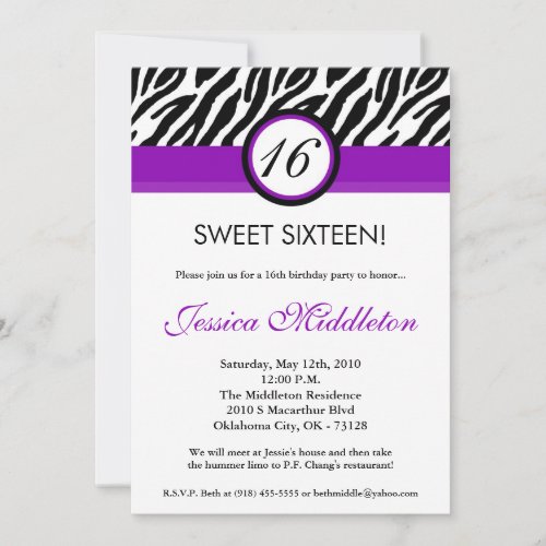 5x7 Purple Zebra Print 16th Birthday Invitation