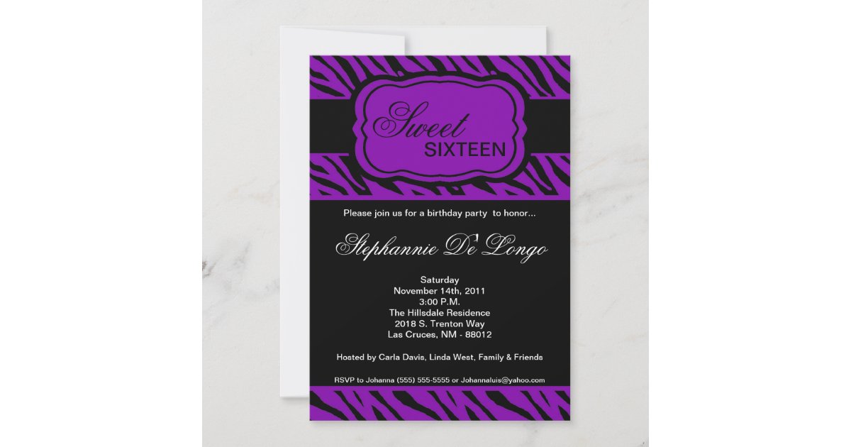 5x7 Purple Zebra Print Birthday Party Invitation | Zazzle