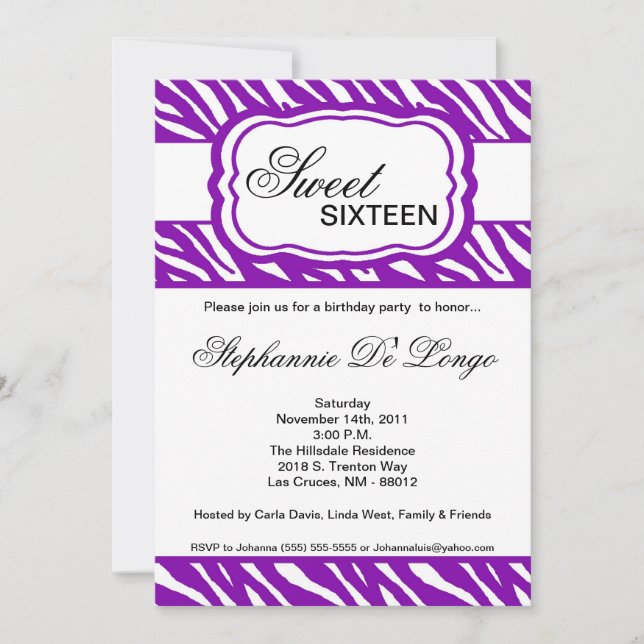 5x7 Purple Zebra Print Birthday Party Invitation (Front)
