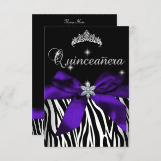 5x7 Quinceanera Purple Zebra Black White Invitation