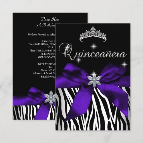 5x7 Quinceanera Purple Zebra Black White Custom Invites