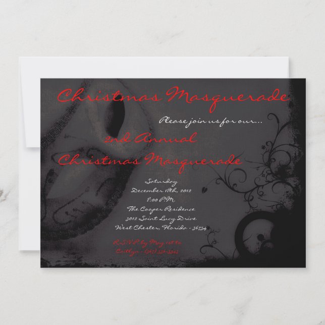 5x7 Red Black Masquerade Christmas XMAS Invitation (Front)