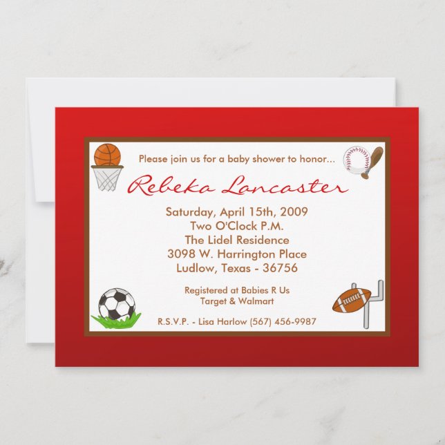5x7 Red Boy Sports Football Baby Shower Invitation (Front)