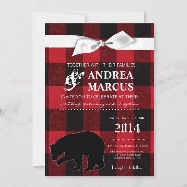 5x7 Red Buffalo Plaid Bear Blac Wedding Invitation (Front)