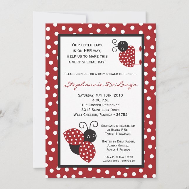 5x7 Red Crimson Lady Bug Baby Shower Invitation (Front)