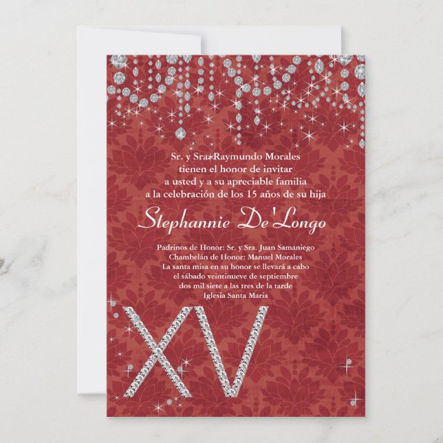 5x7 Red Diamond Quinceanera Birthday Invitation (Front)