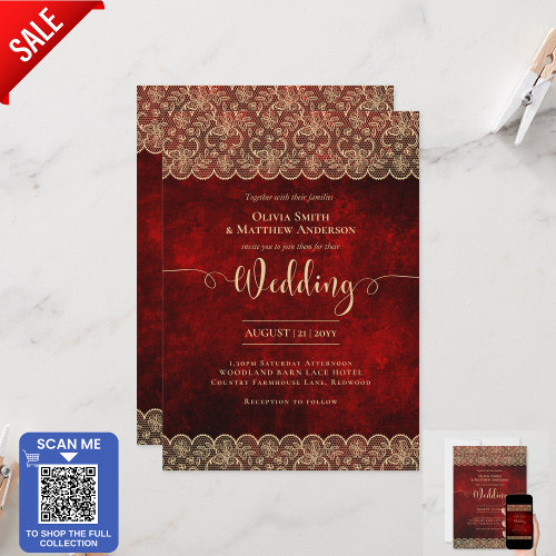 5x7 RED Gold Lace Wedding Print or DOWNLOAD Invitation