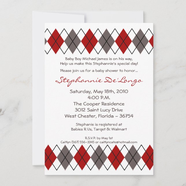 5x7 Red Gray Argyle Punk Baby Shower Invitation (Front)