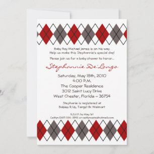 5x7 Red Gray Argyle Punk Baby Shower Invitation
