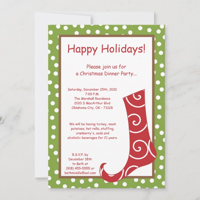 5x7 Red Green Stocking Christmas Party Invitation (Front)