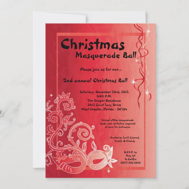 5x7 Red Masquerade Christmas XMAS Ball Invitation (Front)