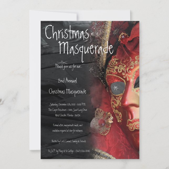 5x7 Red Masquerade Christmas XMAS Invitation (Front)