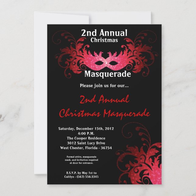 5x7 Red Masquerade Christmas XMAS Invitation (Front)