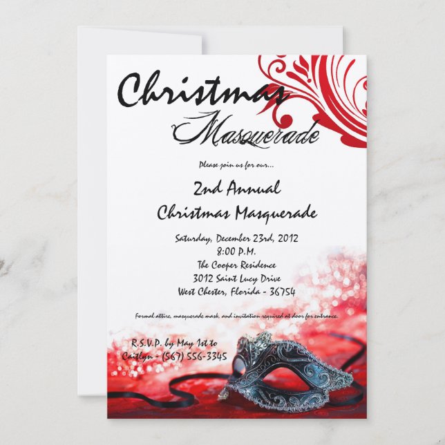 5x7 Red Masquerade Christmas XMAS Invitation (Front)