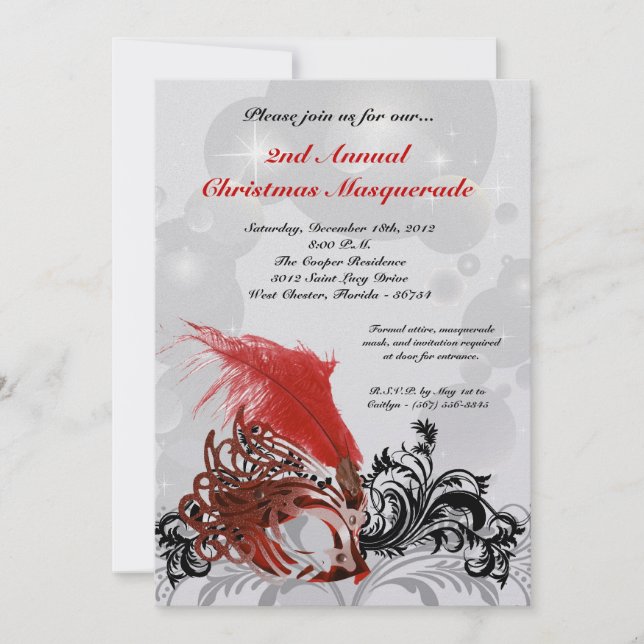 5x7 Red Masquerade Christmas XMAS Invitation (Front)