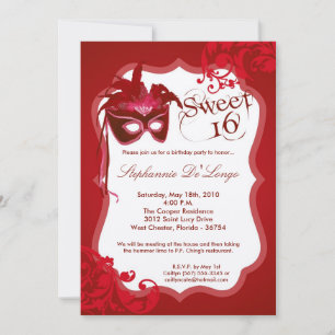 5x7 Red Masquerade Mask 16 Birthday Invitation