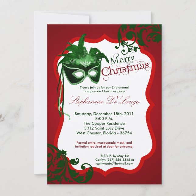 5x7 Red Masquerade Mask Christmas XMAS Invitation (Front)