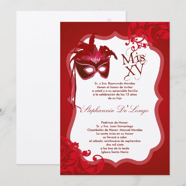 5x7 Red Masquerade Mask Quinceanera Invitation (Front/Back)