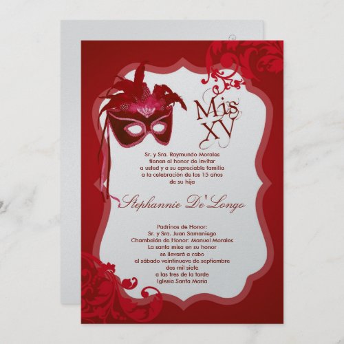 5x7 Red Masquerade Mask Quinceanera Invitation