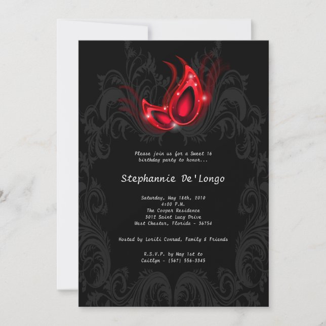 5x7 Red Masquerade Sweet 16 Birthday Invitation (Front)
